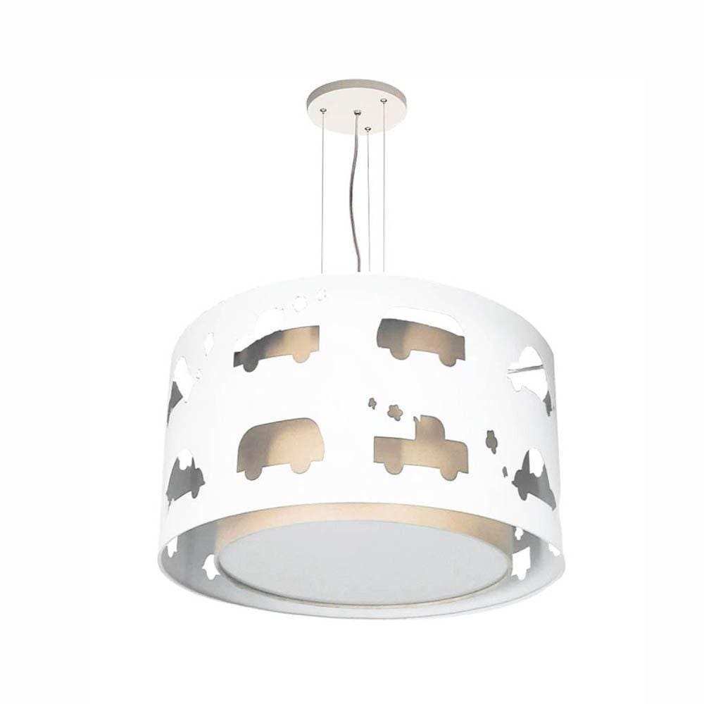 Lustre Infantil Pendente Carrinhos 30x16 Cru/Branco