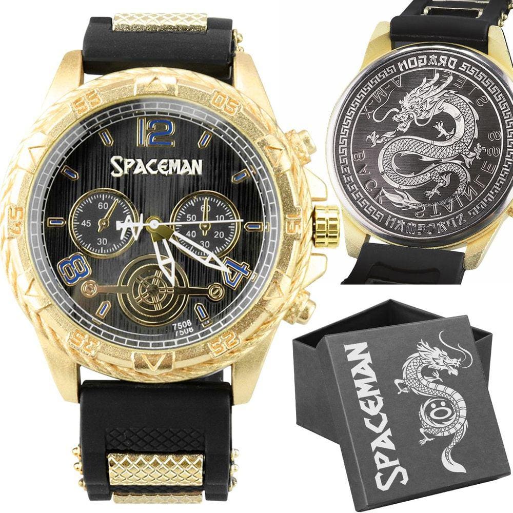 Relogio Aço Inox Grande Dourado Masculino + Caixa  Analogico Casual Silicone Dragão