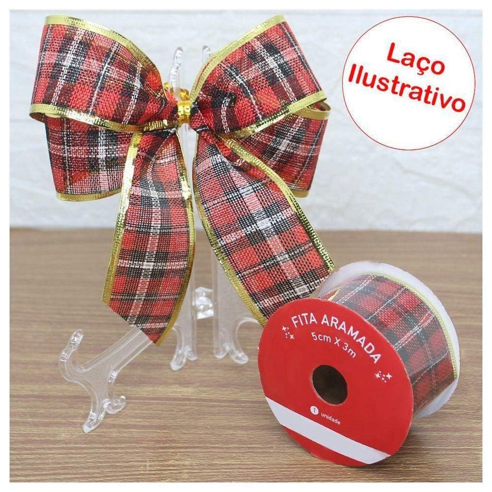 Kit 2 Rolos Fita Aramada Xadrez Decoração Natalina 5cmx3m