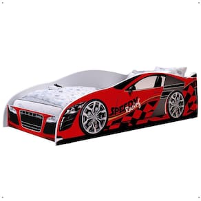 Cama Carro Solteiro Infantil Speedy Montessoriana MDF Proteção Lateral Decoração Tema Corrida Quarto Menino - Vermelho/Branco - RPM