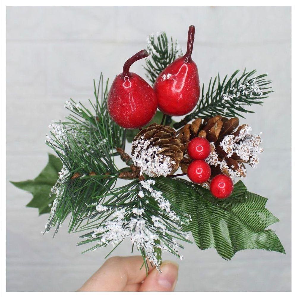 Kit 8 Ramos Pera Decoração Natal Artificial Com Detalhes Branco 17cm