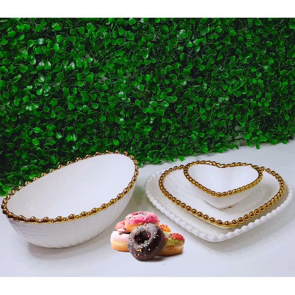 Tijela de Cerâmica Branco Alto Brilho Design Oval, 20x13cm Detalhes em Dourado