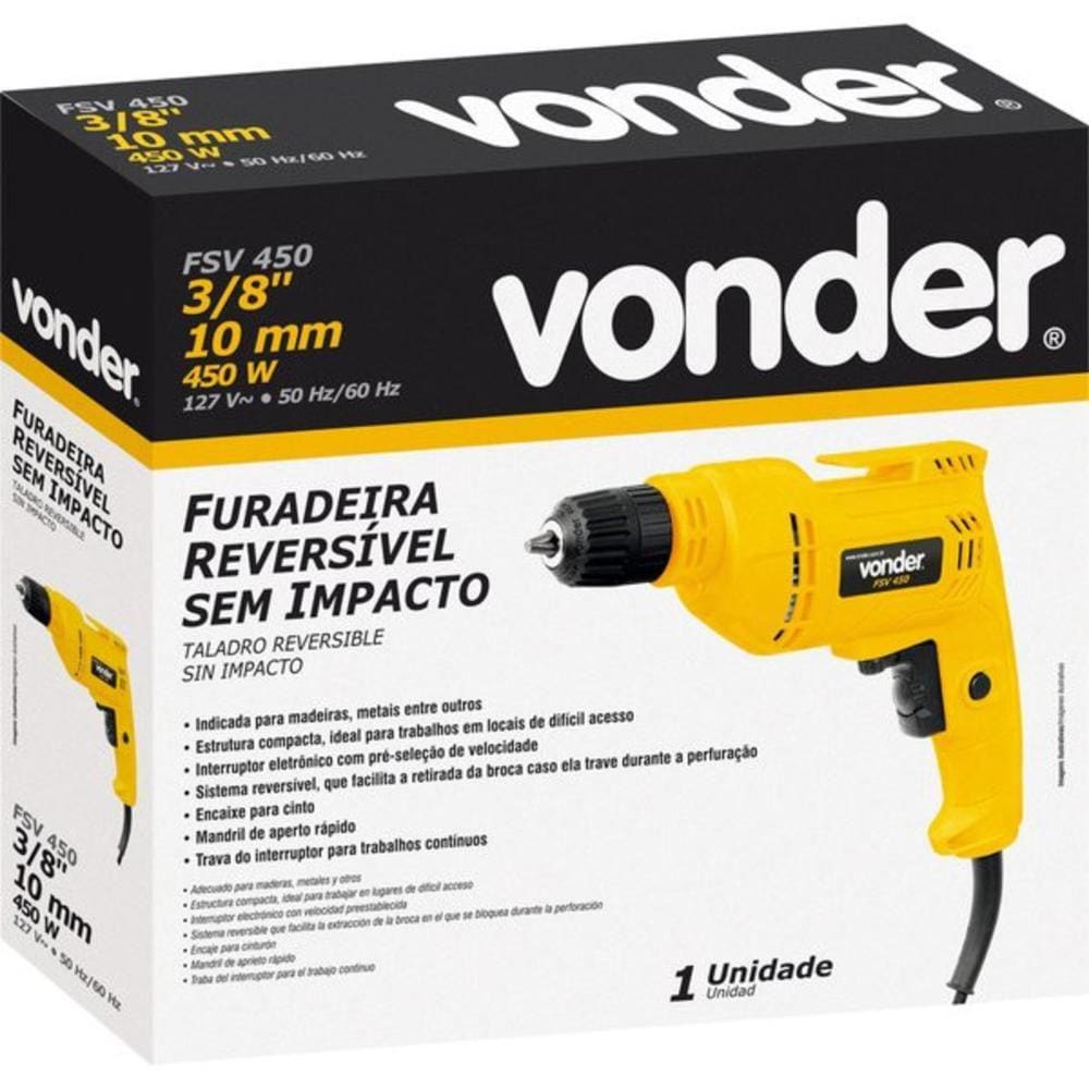 Furadeira s/ impacto 3/8” 450 watts 127 volts fsv450 Vonder