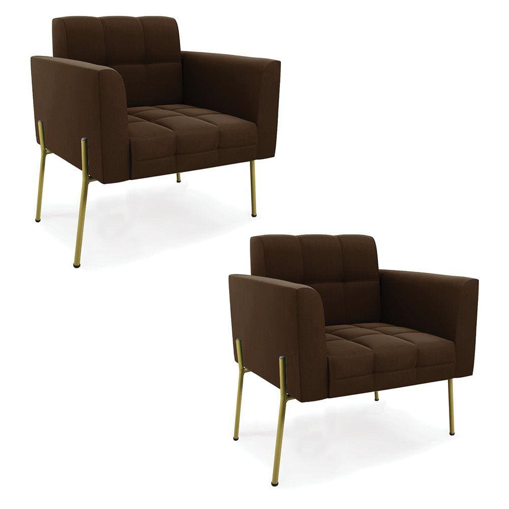 Poltrona Pé de Ferro Dourado para Sala Kit 2 Elisa Suede Marrom D03 - D`Rossi