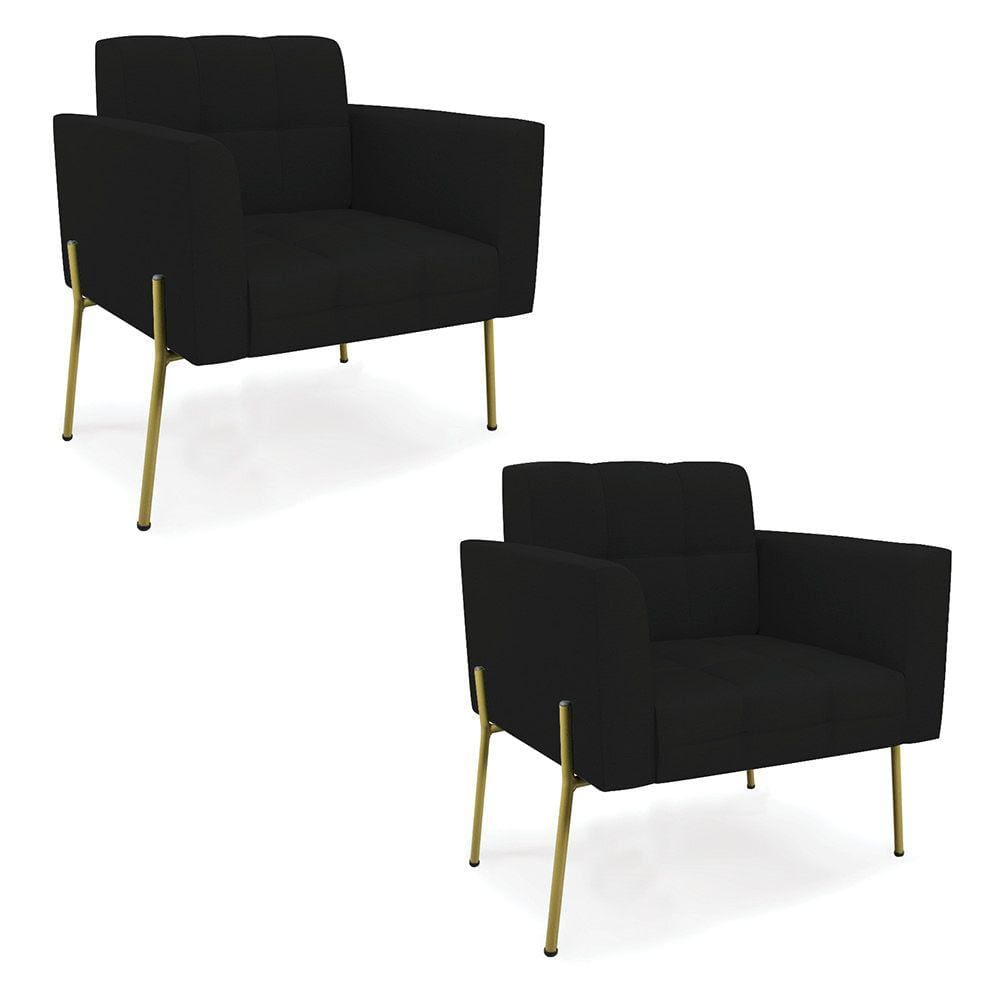 Poltrona Pé de Ferro Dourado para Sala Kit 2 Elisa Linho Preto A79 D03 - D`Rossi