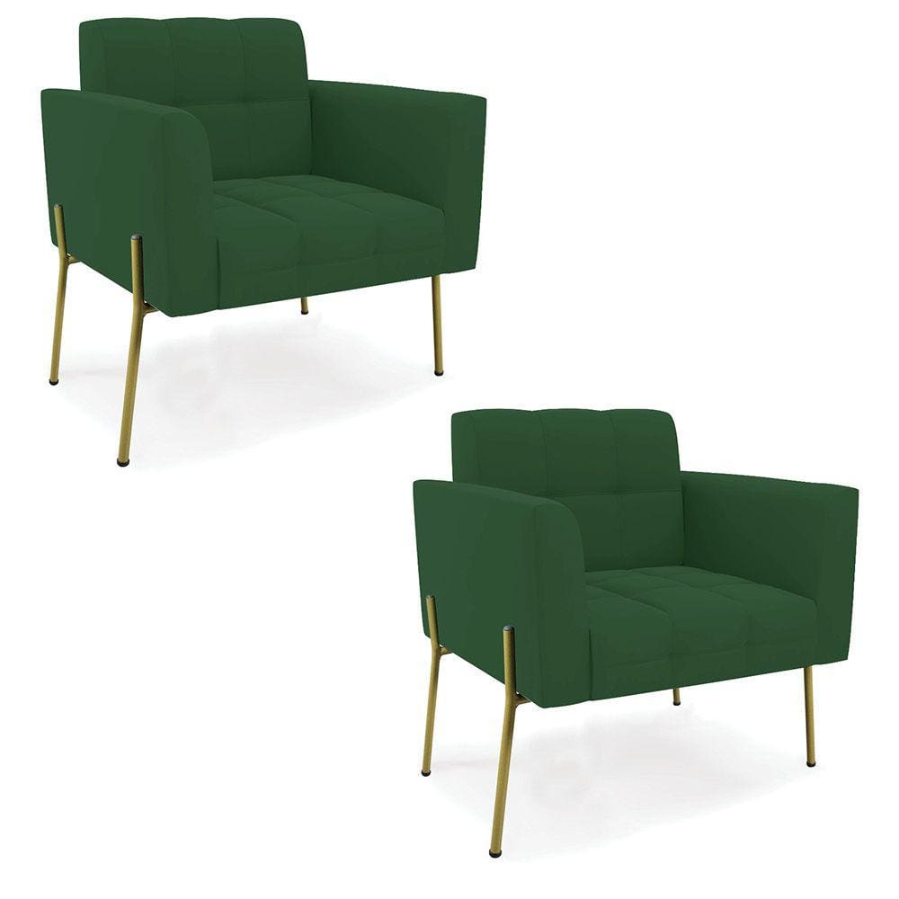 Poltrona Pé de Ferro Dourado para Sala Kit 2 Elisa Veludo Verde D03 - D`Rossi