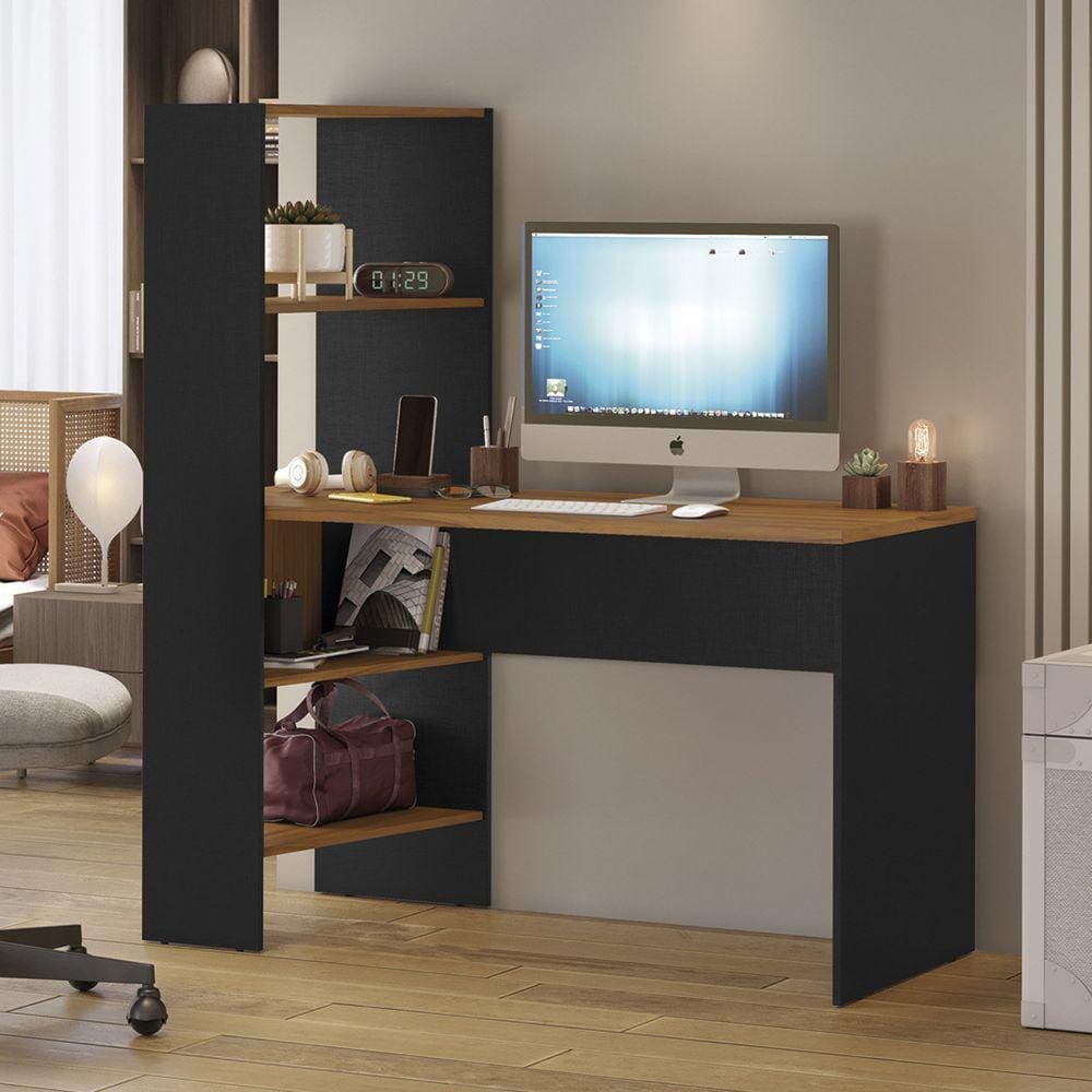 Mesa Office Escrivaninha com Torre e Prateleiras NT 2105 Freijo Trend/Preto TX