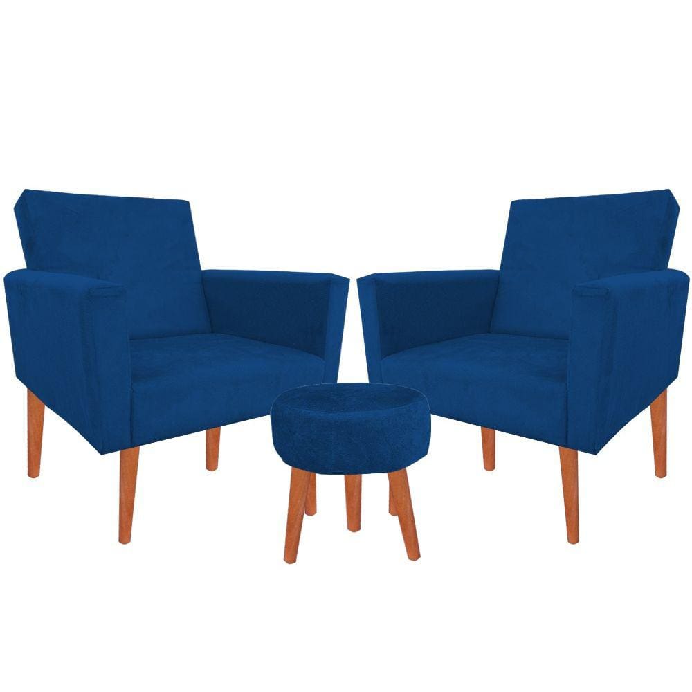 Kit 02 Poltronas Luxo Decorativas Nina E Puff Suede Marinho