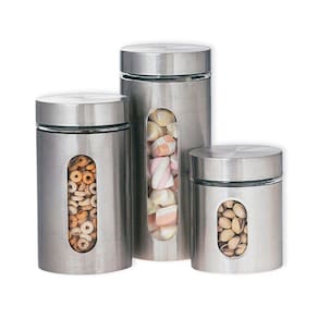 Jogo 3 Potes Vidro e Aço Inox Tampa Rosca Para Mantimentos