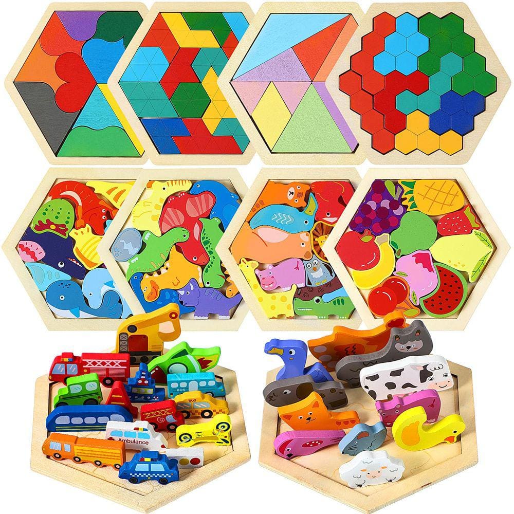 Quebra-cabeça hexagonal de madeira Tangram Puzzle Liliful, pacote com 10 crianças