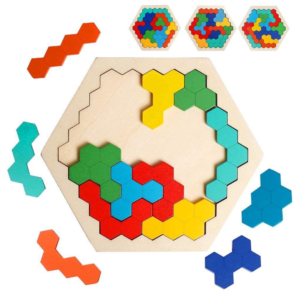 Quebra-cabeça hexagonal de madeira USATDD Rainbow para crianças e adultos
