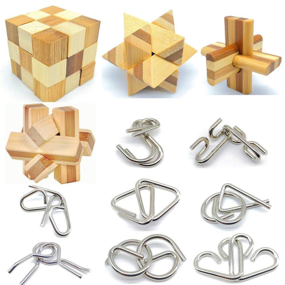 Conjunto de quebra-cabeças Brain Teaser Qiandier Bamboo & Metal, 12 unidades