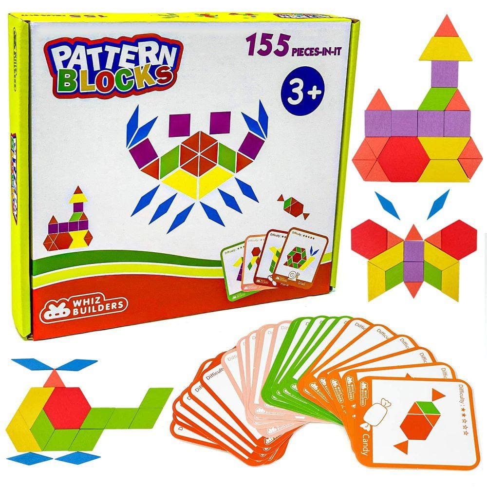 Conjunto de blocos de padrões WhizBuilders Wood Tangram 155 unidades para crianças