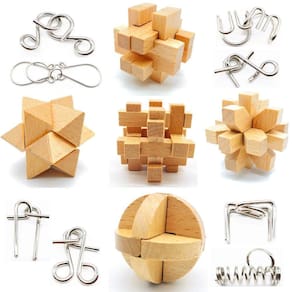 Conjunto de quebra-cabeças Brain Teaser Qiandier em madeira 3D e metal, 8 unidades