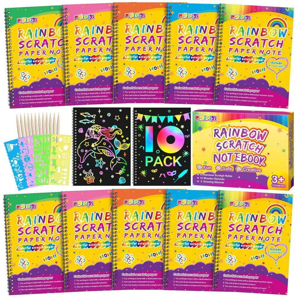 Notebook Scratch pigipigi Rainbow para crianças, pacote com 10 canetas