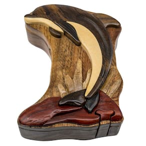 Caixa de quebra-cabeça Leaping Dolphin Wood Intarsia com compartimento secreto