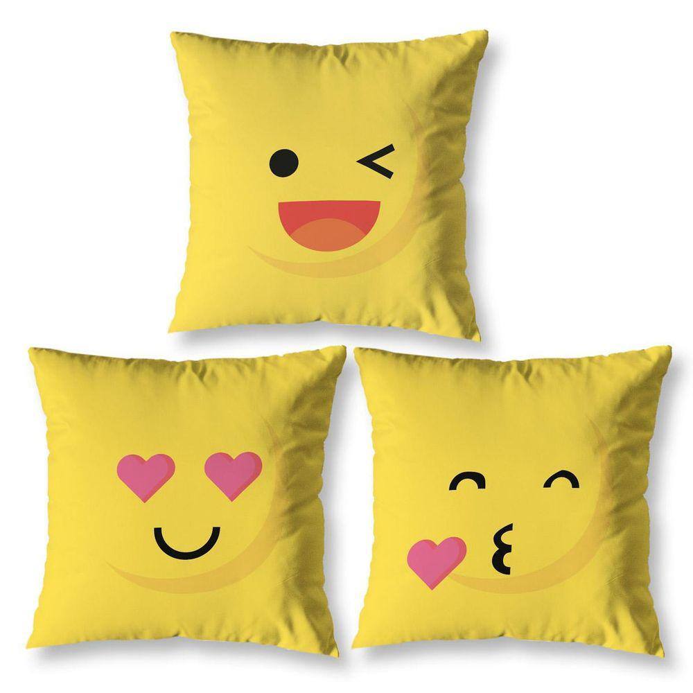 Kit 3 Almofadas Cheias Estampadas Infantil 40X40 Zíper Emoji