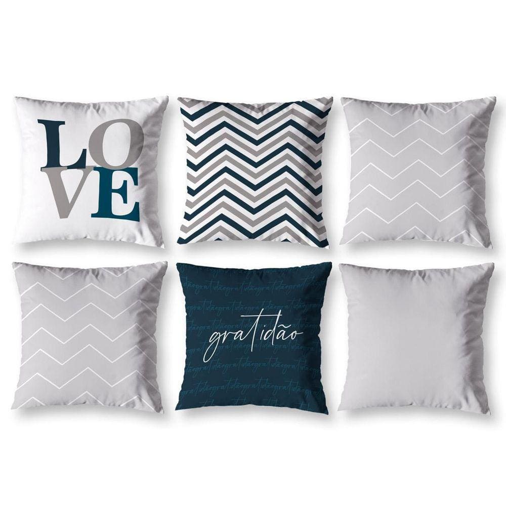 Kit 6 Almofadas Cheias 40Cm X 40Cm Estampadas Chevron Cinza