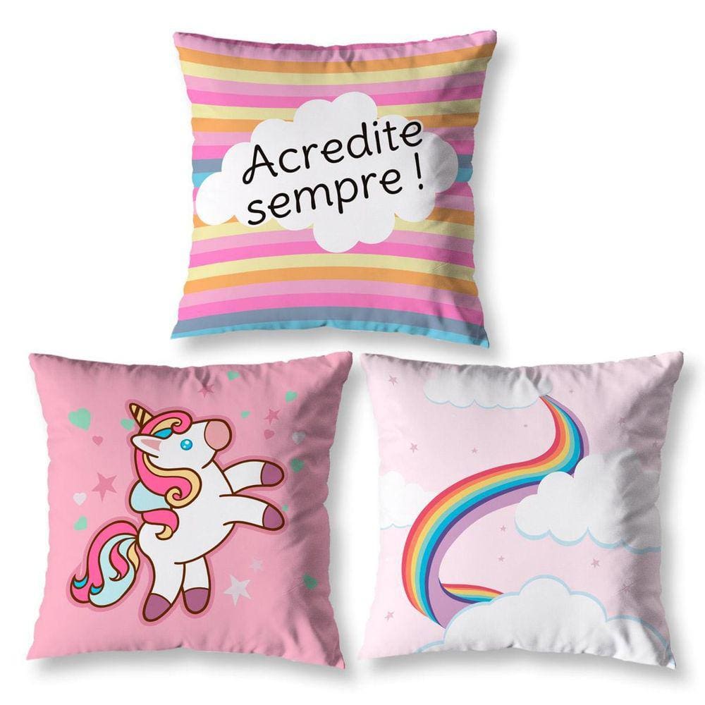 Kit 3 Almofadas Cheias Infantil 40 X 40 Zíper Unicornio 1