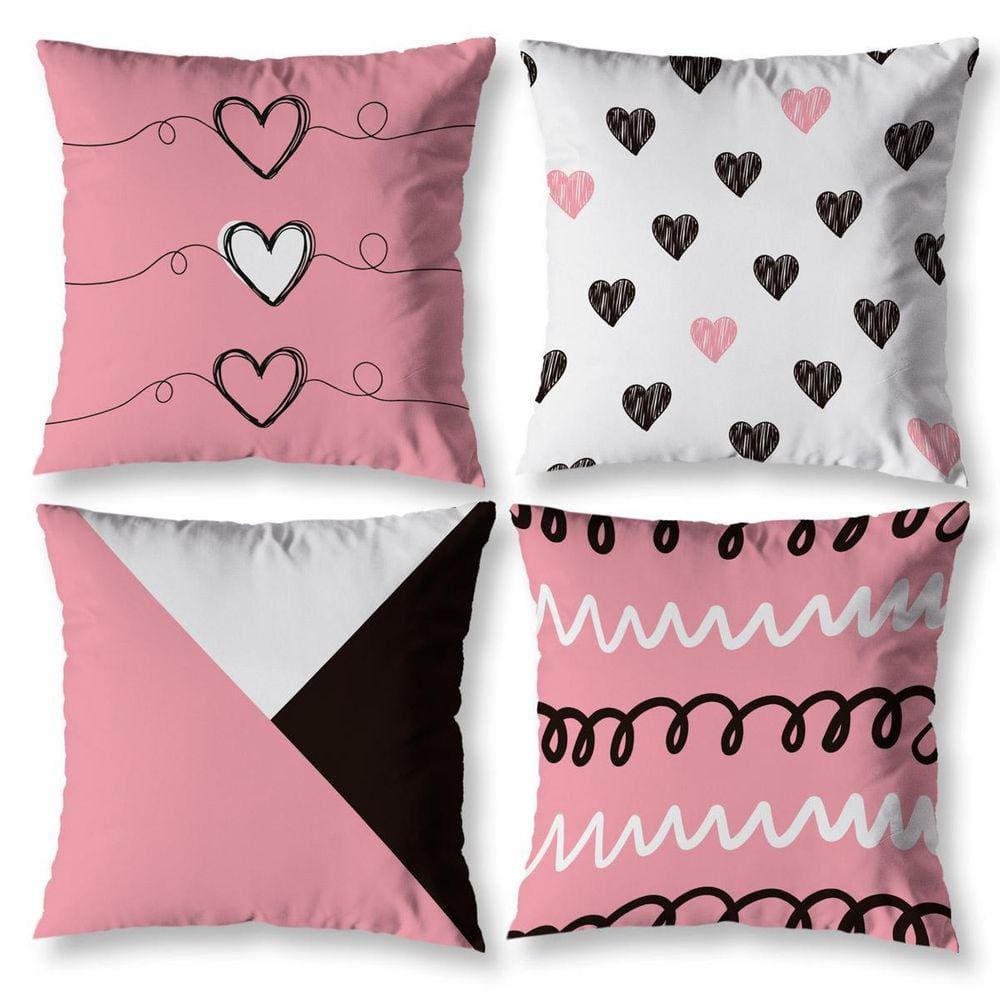 Kit 4 Almofadas Cheias Sala 40Cm X 40Cm Estampadas Coração