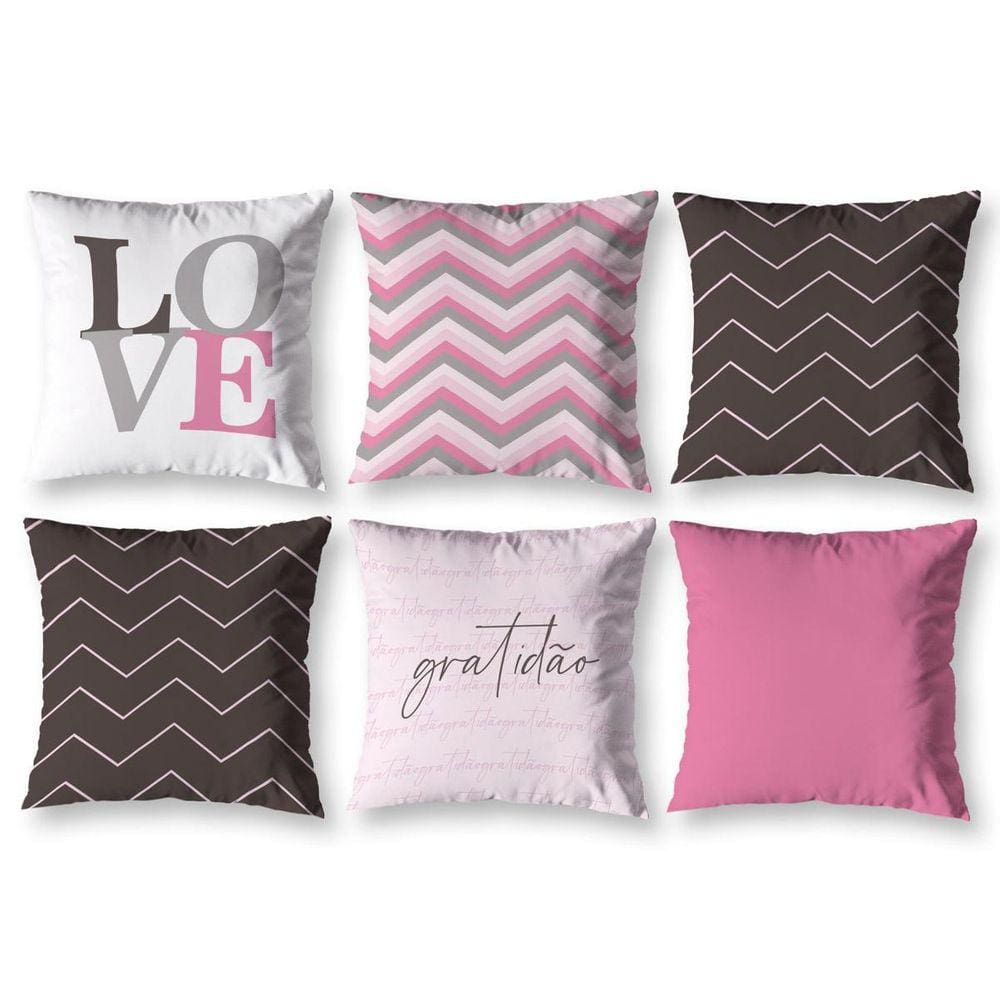 Kit 6 Almofadas Cheias 40Cm X 40Cm Estampadas Chevron Rosa