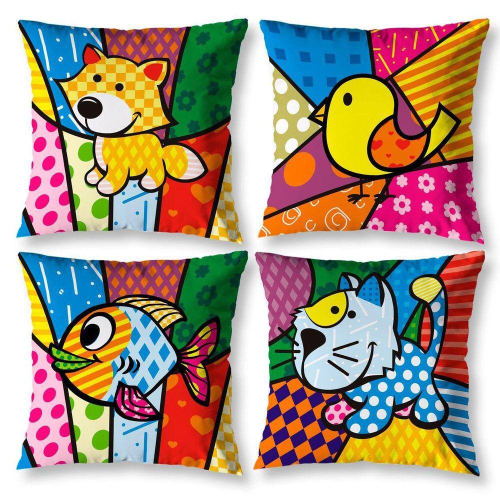 Kit 4 Almofadas Cheias Sala 40Cm X 40Cm Estampadas Pop Bicho