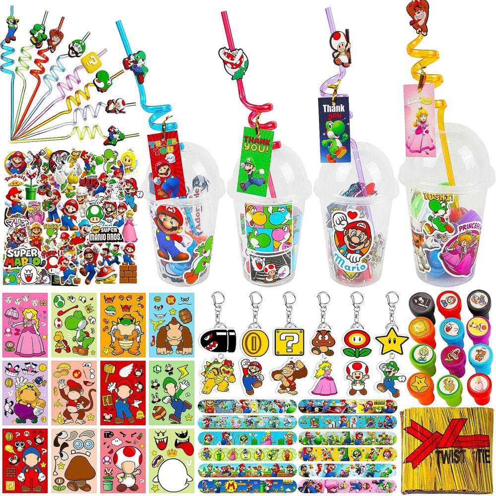Conjunto de lembrancinhas de festa Mario Bros, 134 unidades com copos e adesivos reutilizáveis
