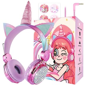 Fones de ouvido charlxee Kids Unicorns com microfone, volume limitado 95d
