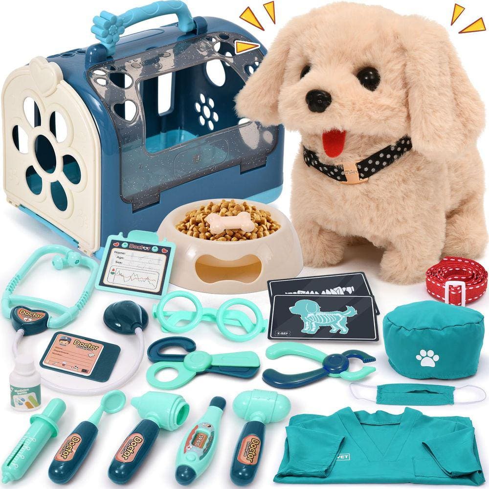 Kit veterinário Dog Toys G.C 22 unidades com cachorro de pelúcia para caminhar e latir