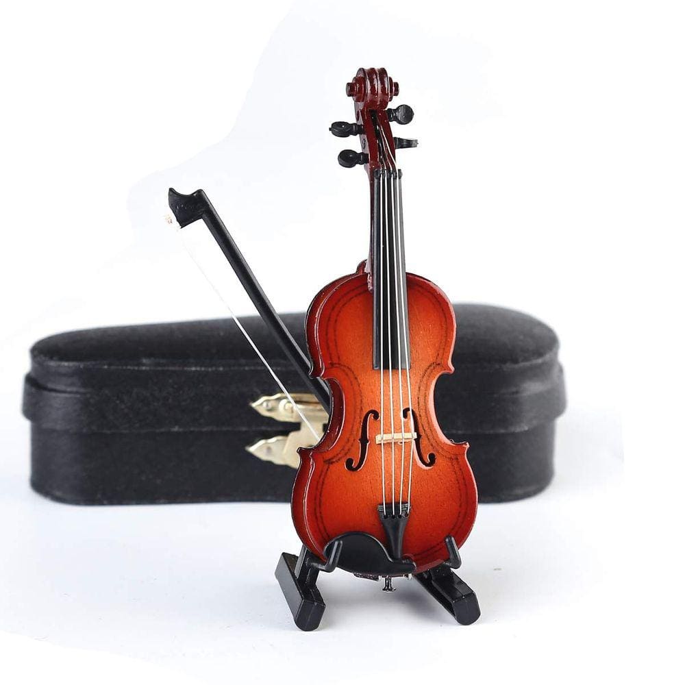 Violino em miniatura Seawoo Dselvgvu Wooden com suporte, laço e estojo