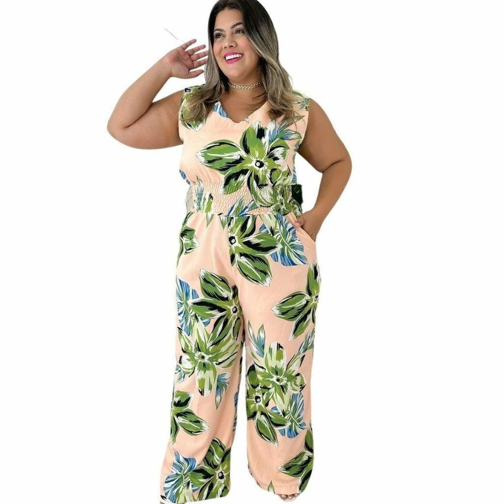 Macacão Longo Plus Size Feminino Com Lastec na Cintura Bolso