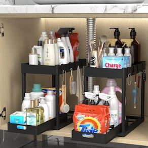 Rack organizador Under Sink POUGNY de 2 camadas com 4 ganchos (preto)