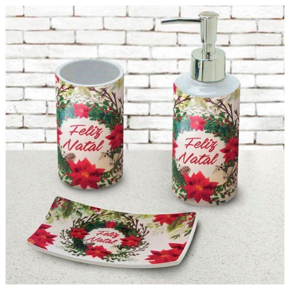 Jogo De Banheiro De Natal Florido Cerâmica 3 Peças