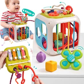 Brinquedo Sensory Bin Shape Sorter 8 em 1 Activity Cube taotaotoys