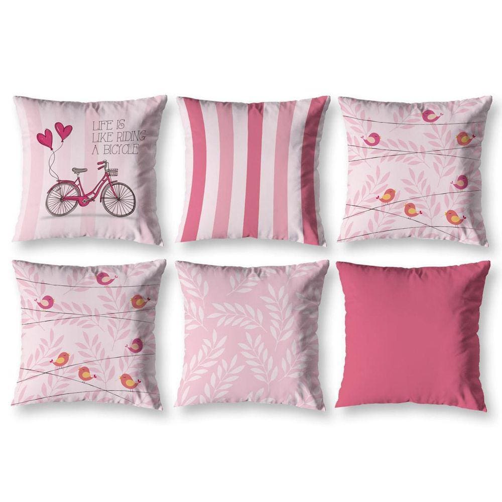 Kit 6 Capas De Almofada 40 X 40 Estampadas Vintage Bike Rosa