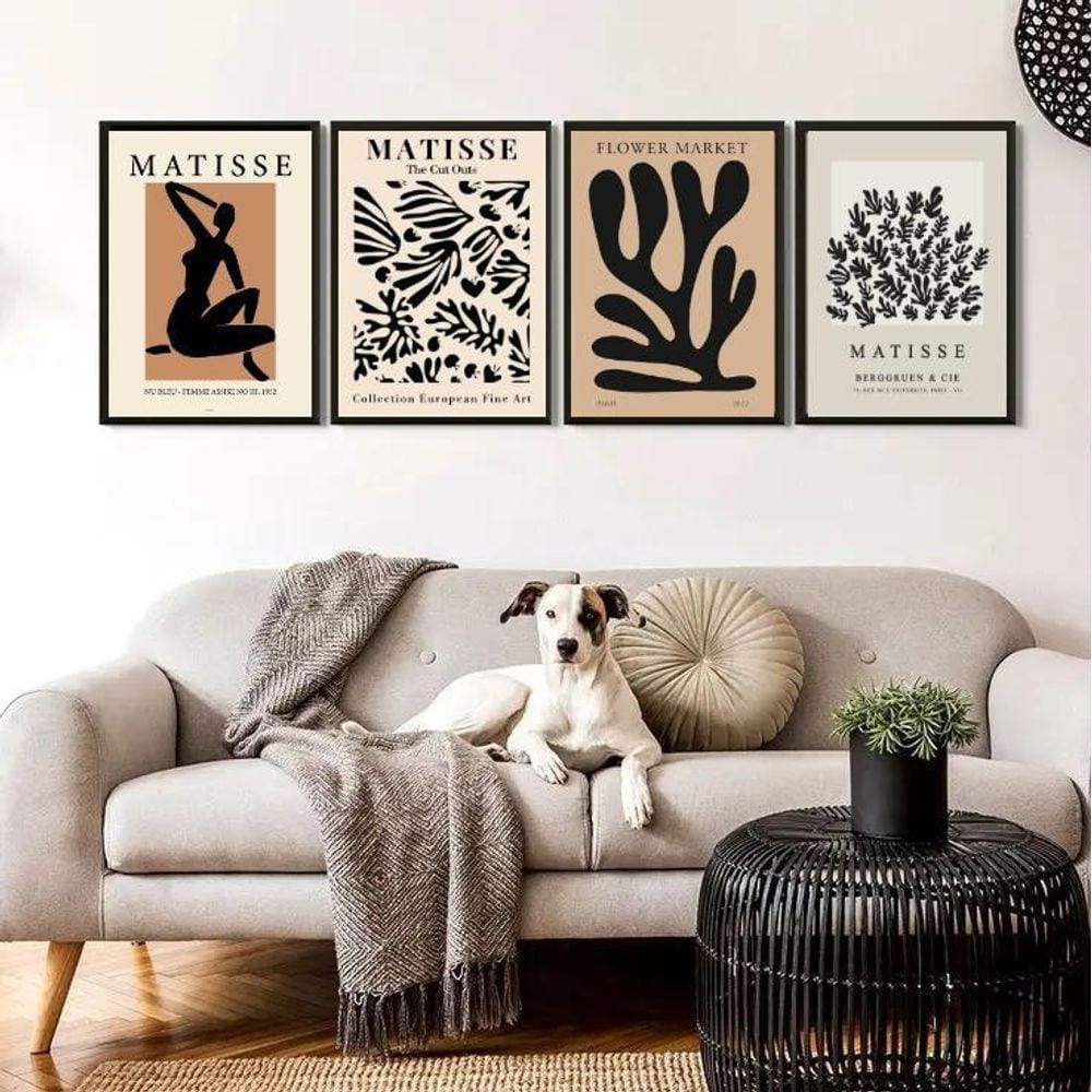 Kit 4 Quadros Matisse Bege E Preto Abstrato 24X18Cm