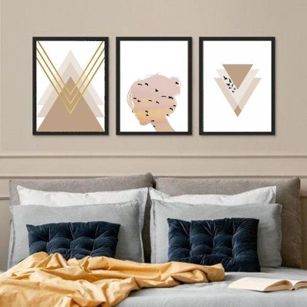 Kit 3 Quadros Claros Para Quarto Nude 33X24Cm