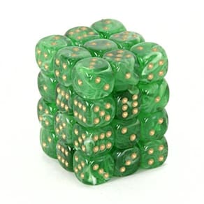 Conjunto de dados Chessex Vortex Green com ouro 12 mm d6 (36)