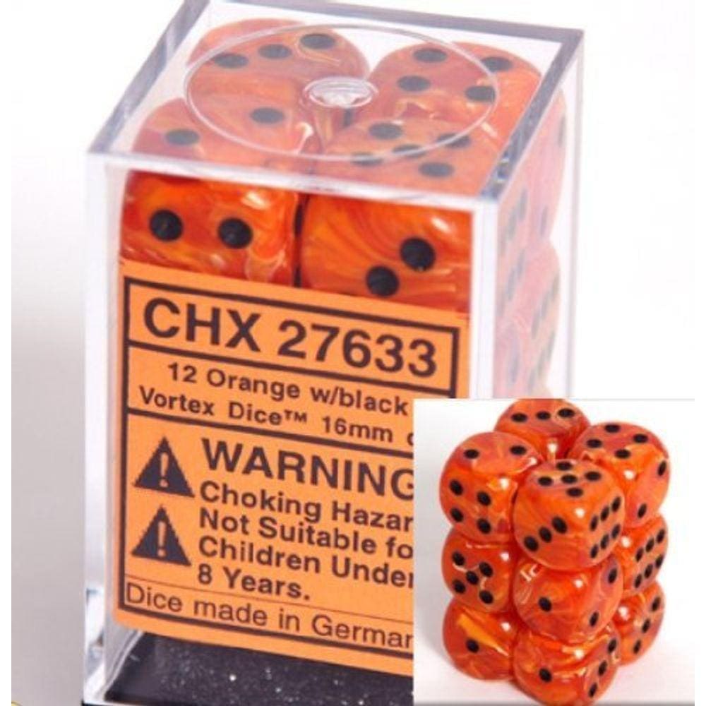 Conjunto de dados Chessex Vortex Orange com preto 16 mm D6 (12)