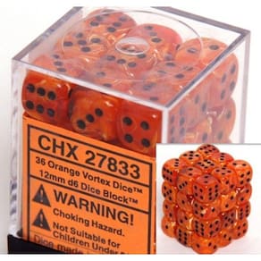 Conjunto de dados Chessex Vortex Orange com preto D6 12 mm (36 dados)