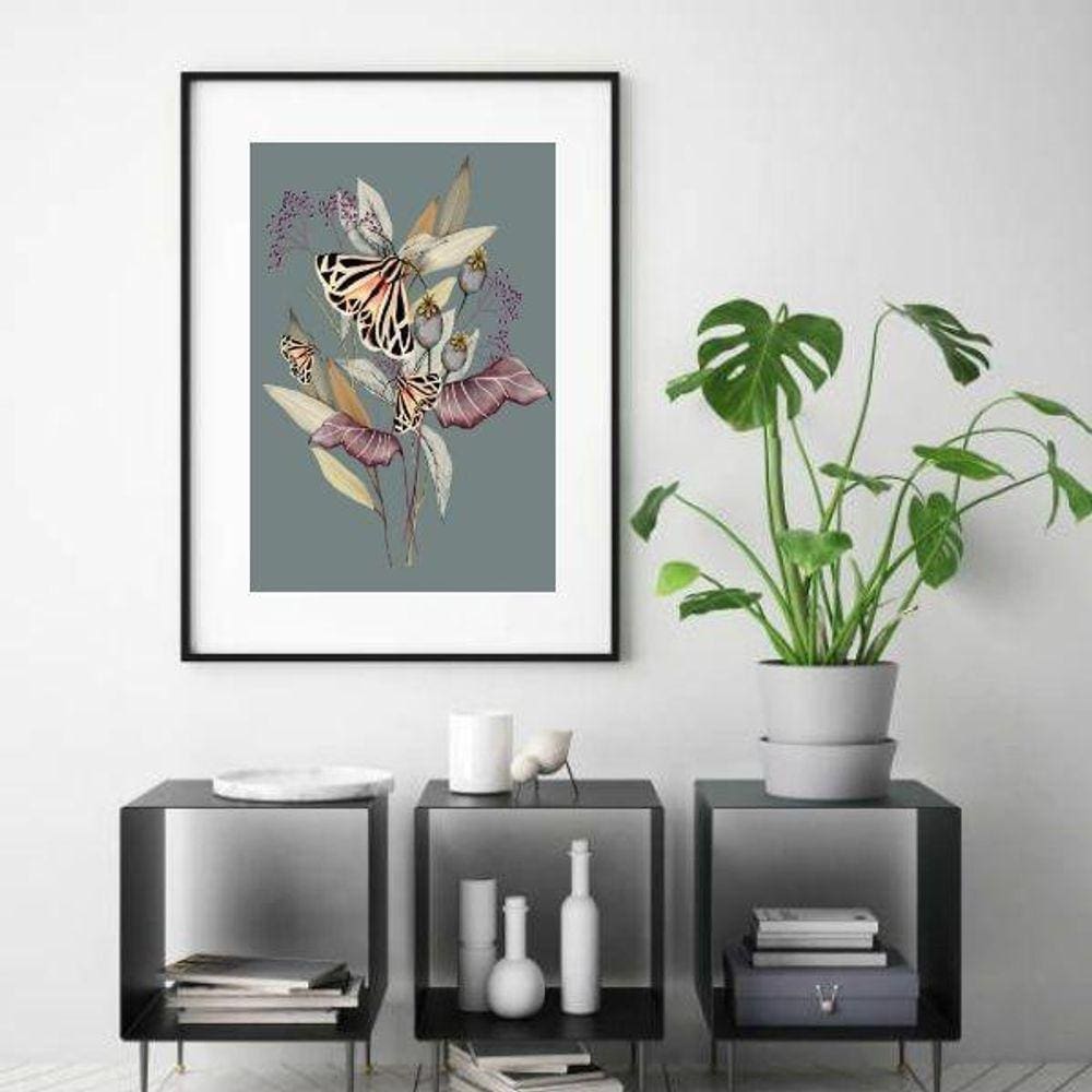 Quadro Borboleta Flores Cinza - 60X48Cm