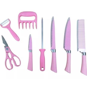 Kit De 8 Peças Churrasco Profissional Antiaderente Cor Rosa