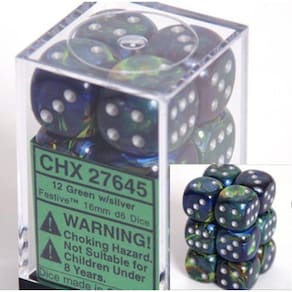 Conjunto de dados Chessex Festive Green com prata 16 mm d6 (12)