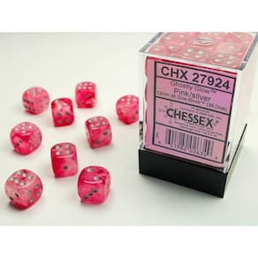 Conjunto de dados Chessex Ghostly Rosa/Prata 12 mm d6 (36 dados)