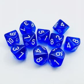 Conjunto de dados poliédricos Bescon 10 lados azul transparente x10