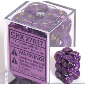 Conjunto de dados Chessex Vortex Purple com ouro 16 mm d6 (12)