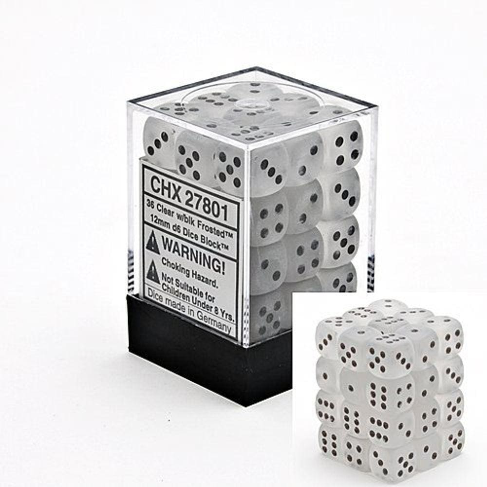 Conjunto de dados Chessex D6 Frosted 12 mm, seis lados (36), transparente/preto