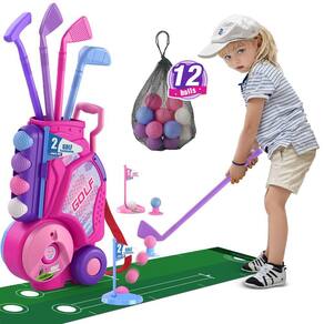 Conjunto de golfe infantil HYES atualizado com 12 bolas, tapete de golfe rosa