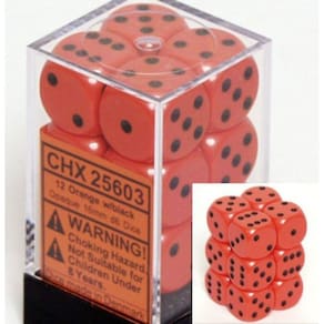 Conjunto de dados Chessex Opaque Orange com dados pretos de 16 mm D6 (12)
