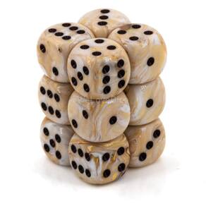 Conjunto de dados Chessex Marble Ivory com preto 16 mm d6 (12)